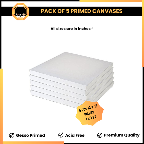 Pack of 5 Primed Canvas Board for painting - 12 x 12 inches