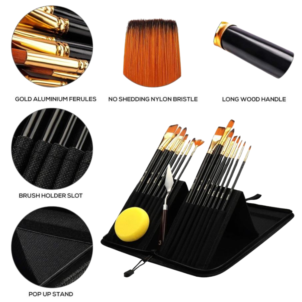 Xinbowen Brush set of 17 Pcs - Professional Wooden Brushes Kit with Zipper Carry Case