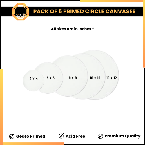 Pack of 5 Primed Round Canvas boards for painting - Circle Edition