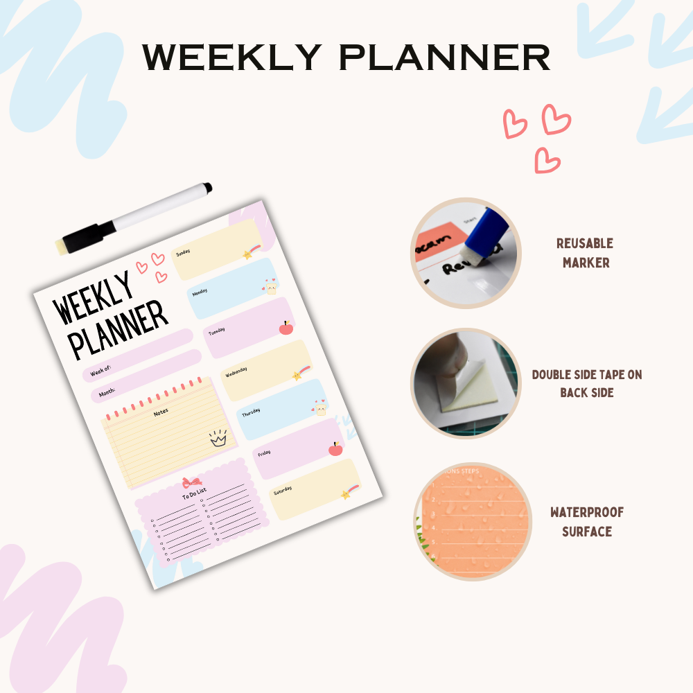 Cute Weekly Planner Laminted with free board marker - Limited Edition