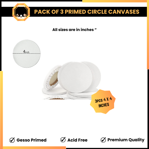 Pack of 3 Primed Round Canvas boards for painting - 4x4 inches