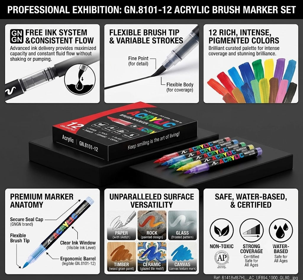 Acrylic Brush Markers Set of 12 - High quality