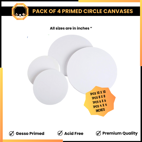 Pack of 4 Primed Round Canvas boards for painting - Mix sizes