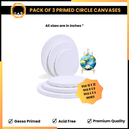 Pack of 3 Primed Round Canvas boards for painting - Mix sizes