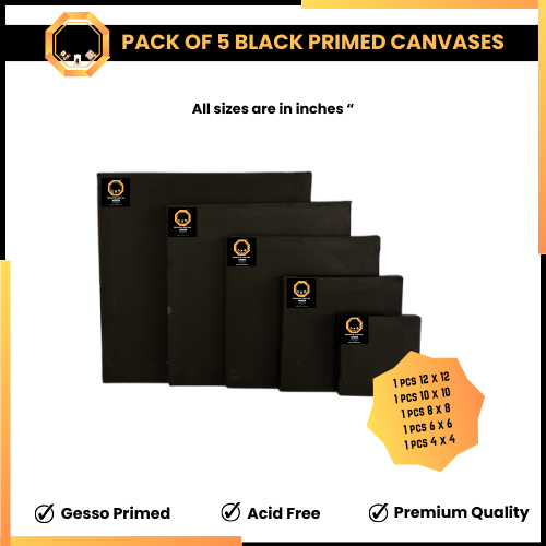 Pack of 5 primed black canvas boards for painting