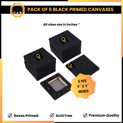Pack of 6 Primed black Canvas Boards - 4x4 Inches