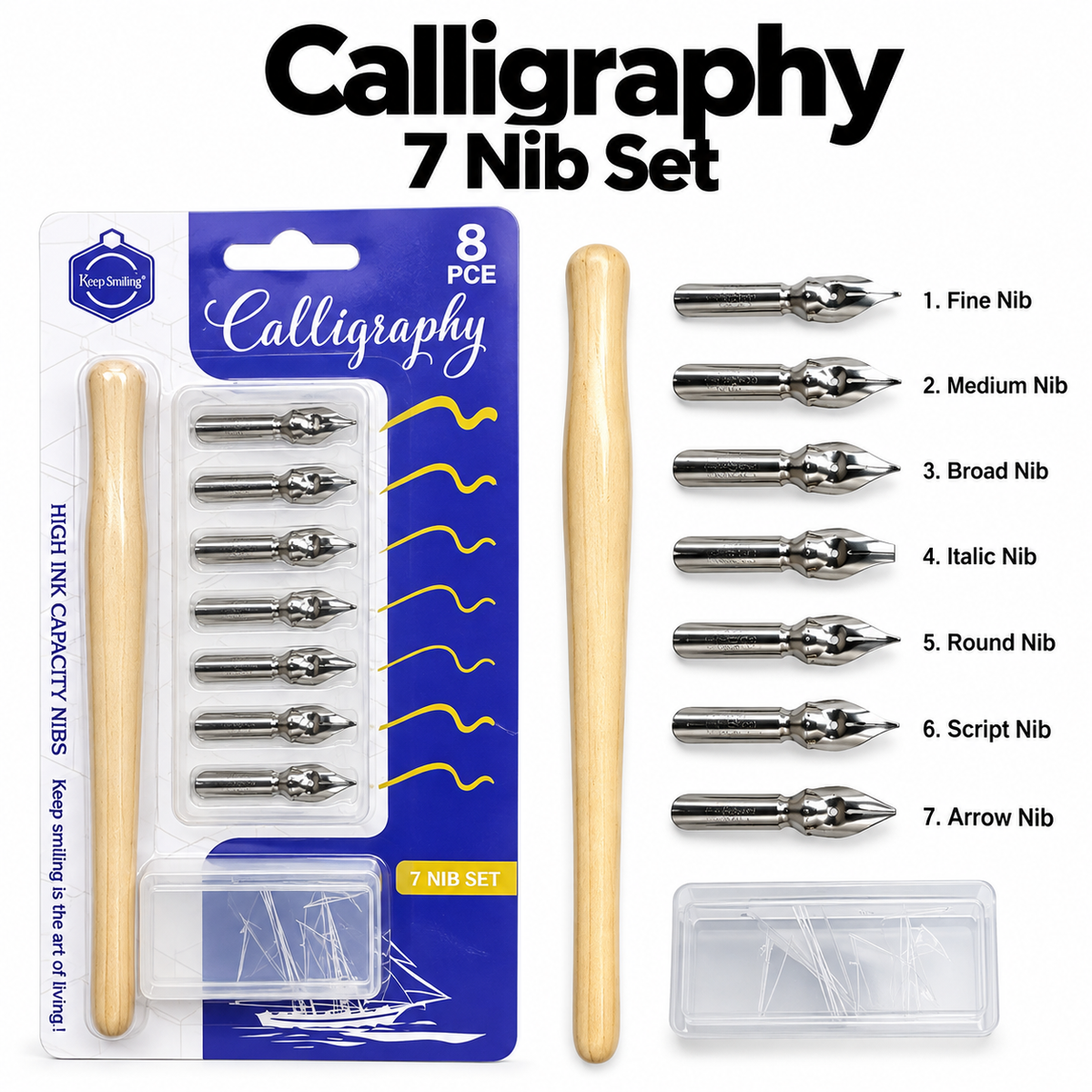 Calligraphy Pen Nib Set – 7 Nibs with Wooden Holder