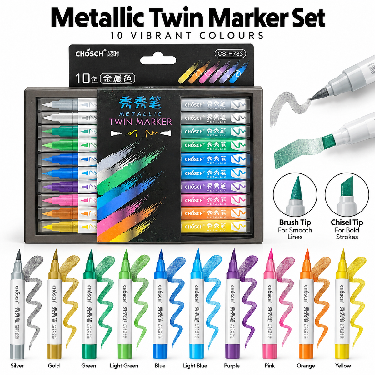 Metallic Twin Tip Markers – 10 Colour Set