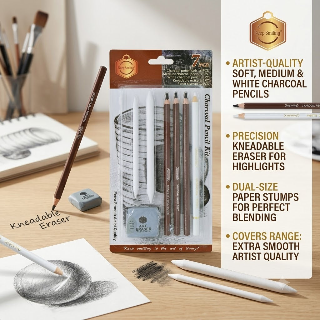 Keep Smiling Charcoal pencil Kit of 7 - Top quality