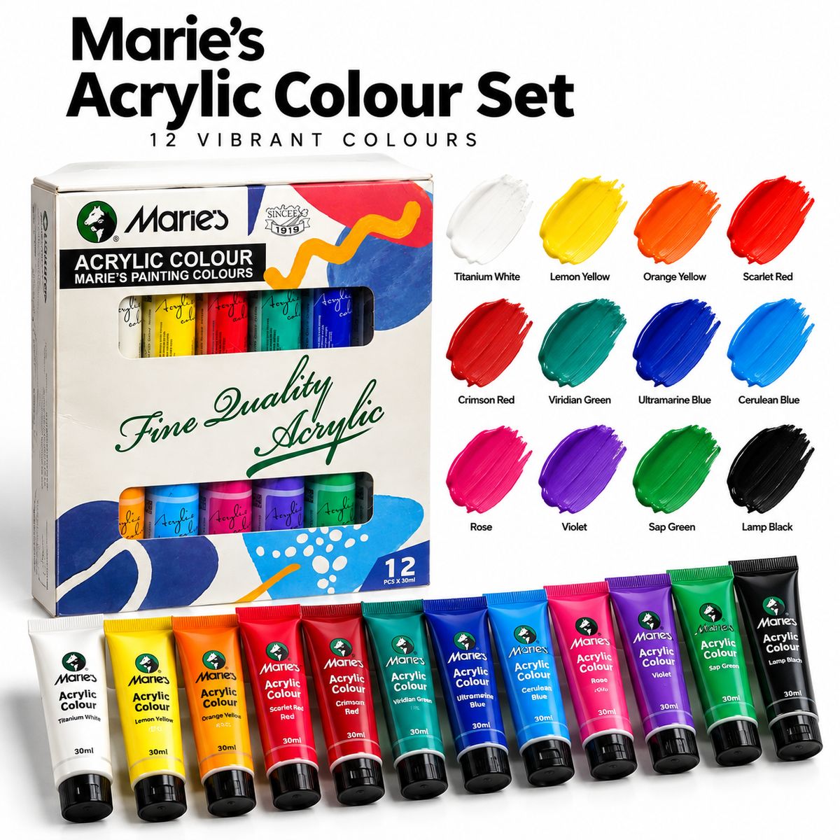 Marie’s Acrylic Colour Set – 12 Colours (30ml Each)