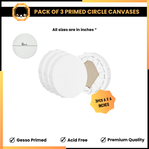 Pack of 3 Primed Round Canvas boards for painting - 6x6 inches