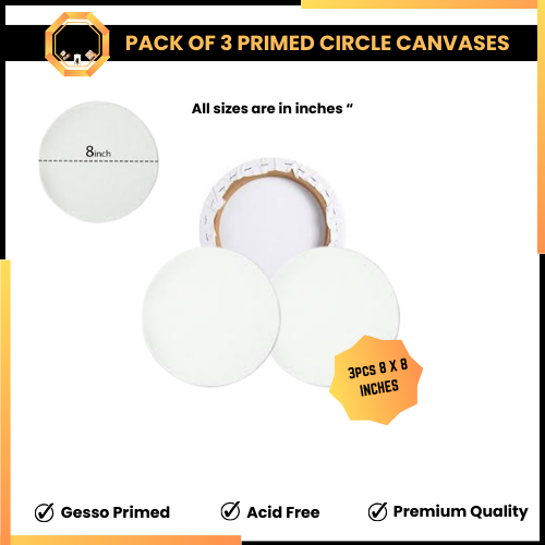 Pack of 3 Primed Round Canvas boards for painting - 8x8 inches