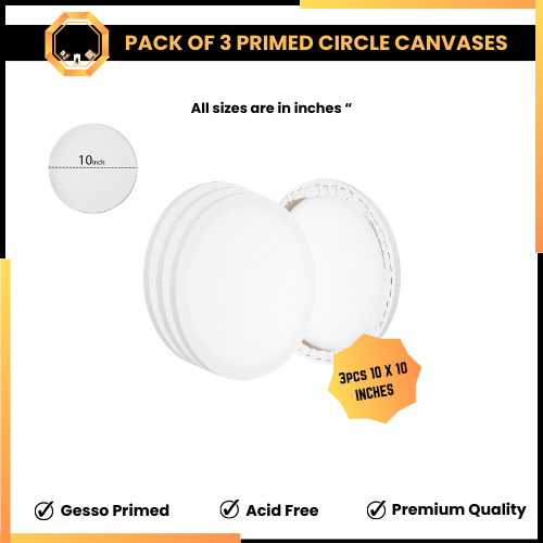Pack of 3 Primed Round Canvas boards for painting - 10x10 inches