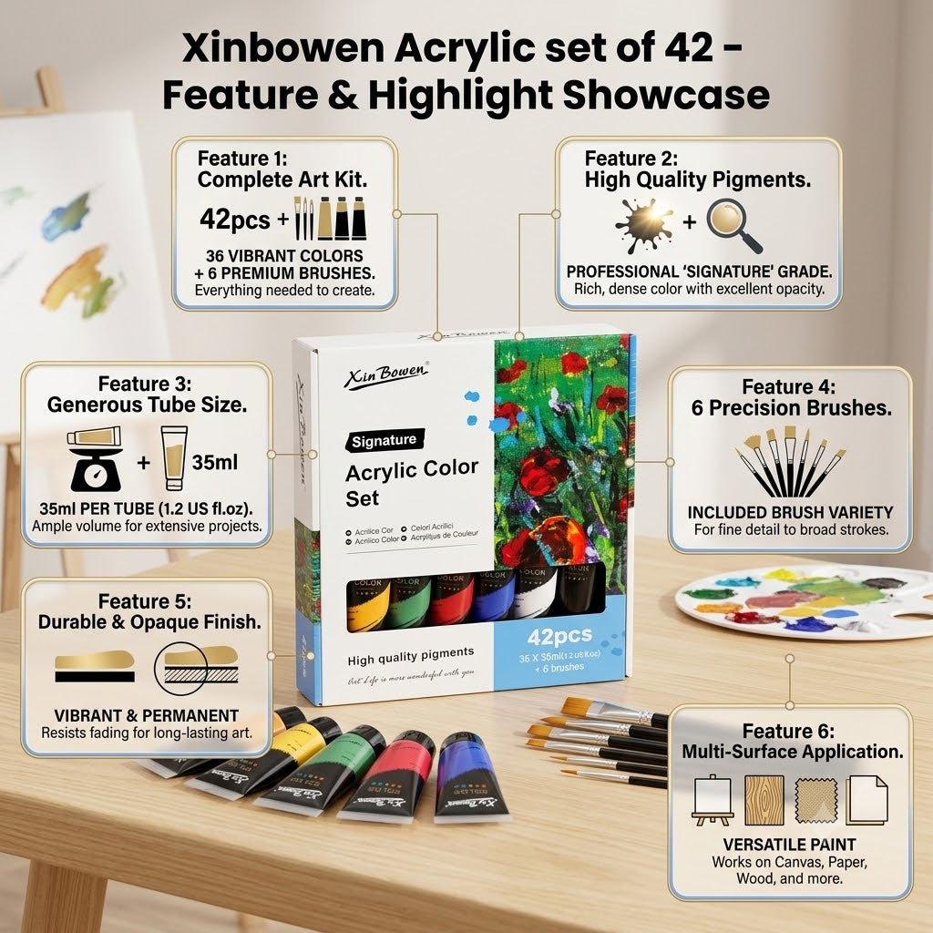 Xinbowen Acrylic color set of 42 -  36 colors + 6 bruhses