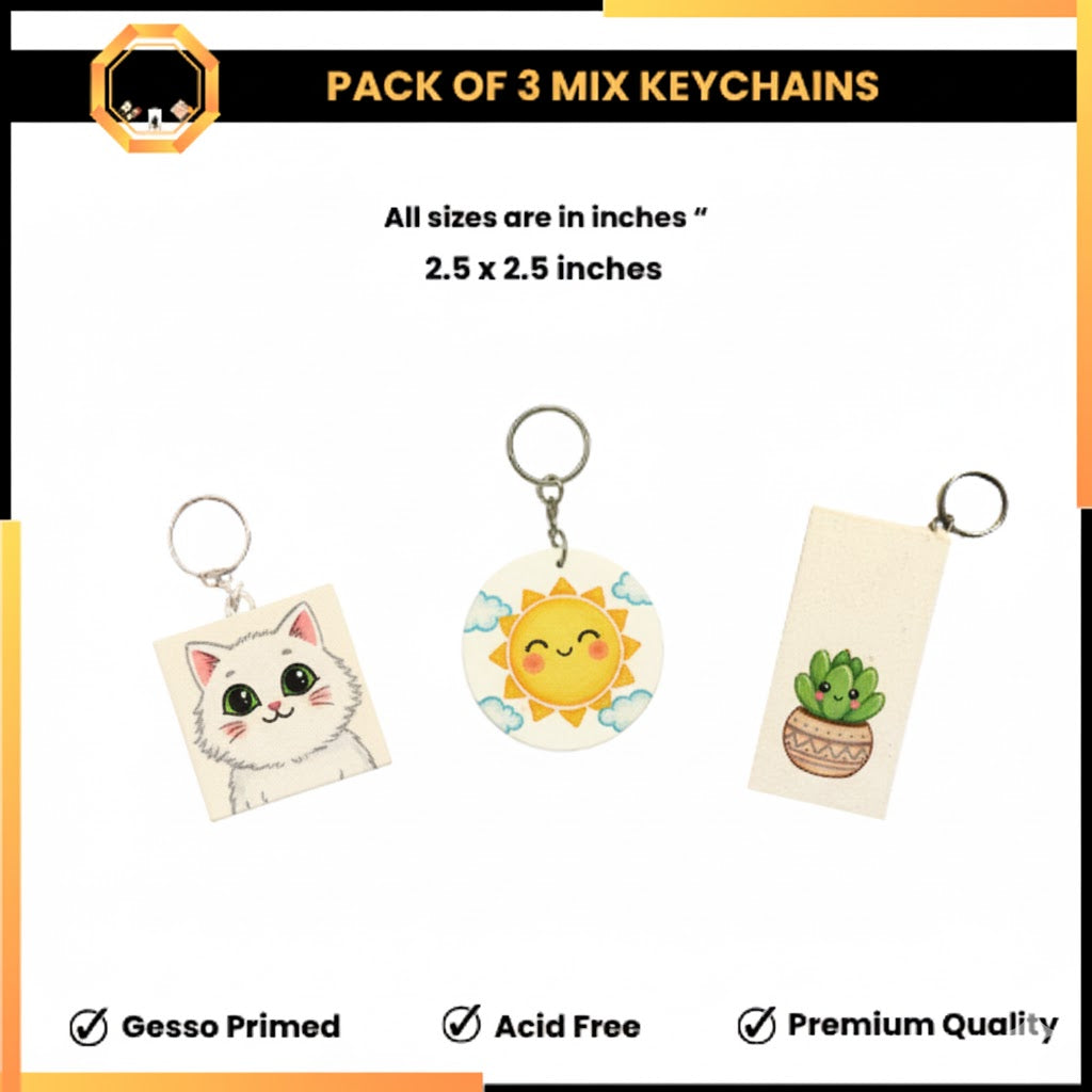 PACK OF 3  Paintable Keychain Canvases - Mix Edition